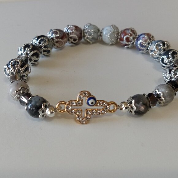 Stackable Evil Eye Bracelet with small Cross - Picture 1 of 13